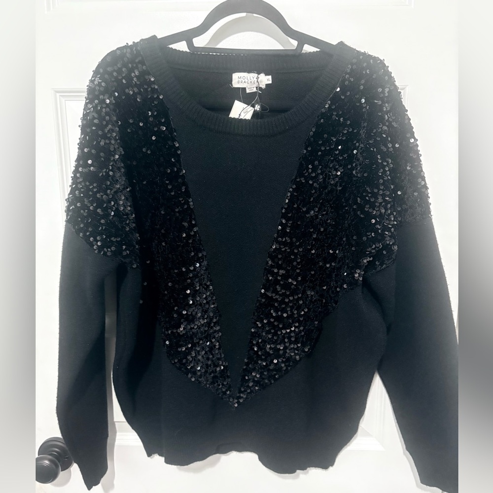 NWT Molly Bracken Black Sequin Crew Neck Sweater